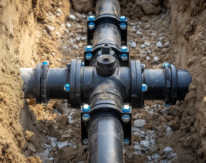 underground plumbing installation with black pipes and fittings in a gravel trench for construction site infrastructure free photo
